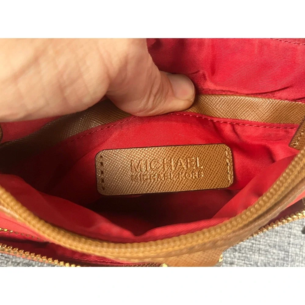 Michael Kors Red Nylon Tan Leather Trim Crossbody Bag Gold Logo Small Messenger